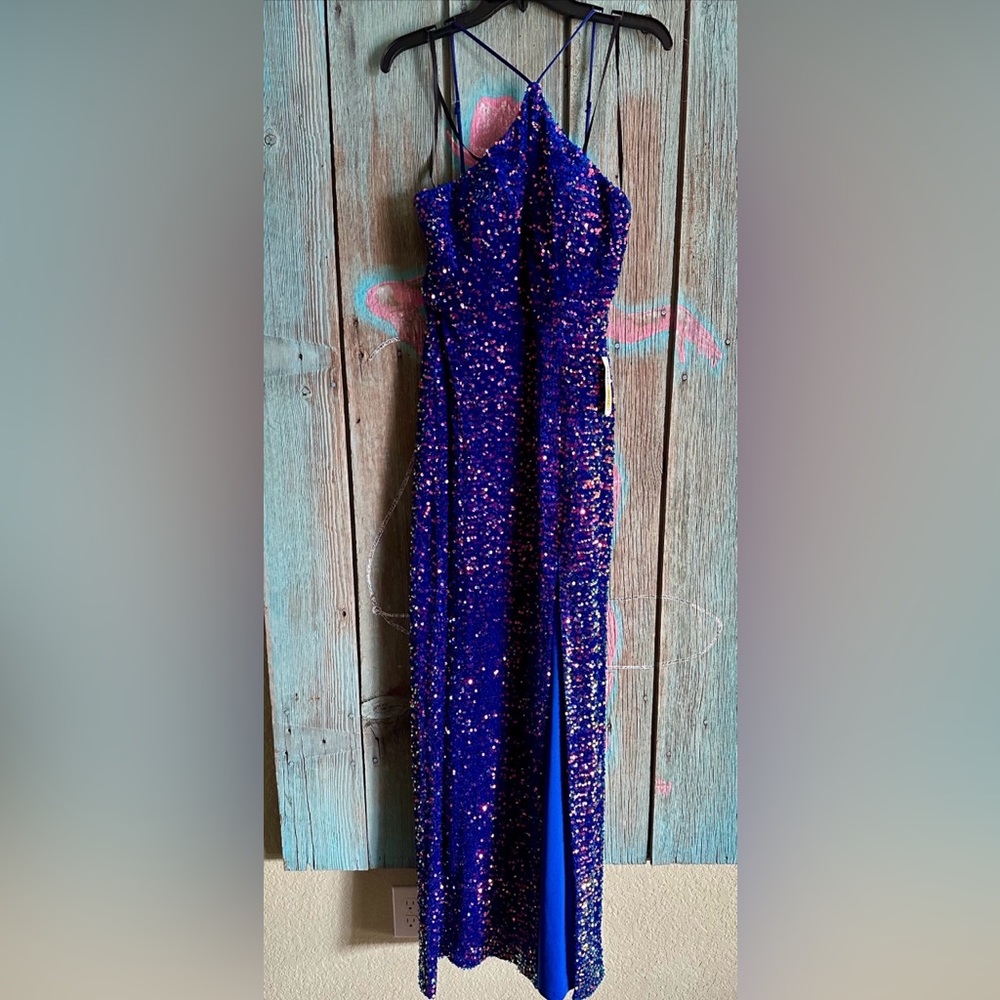 Blue and purple sequin formal dress.